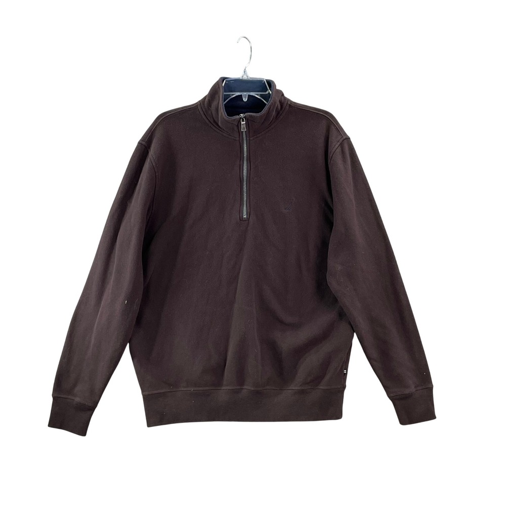 Nautica Quarter Zip Pullover Mens Medium Brown Fleece Lined Sweatshirt Mock Neck